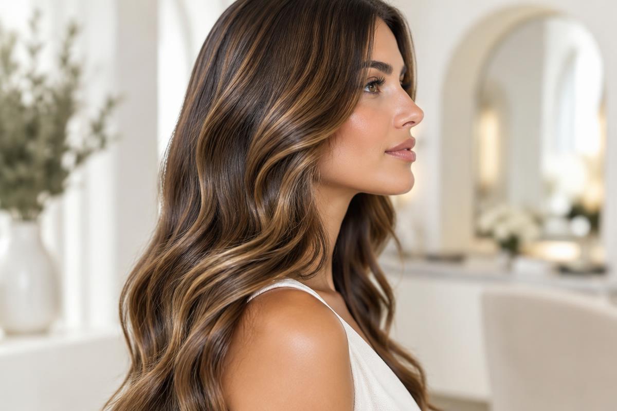 Clienta con cabello largo, brillante y con reflejos cálidos